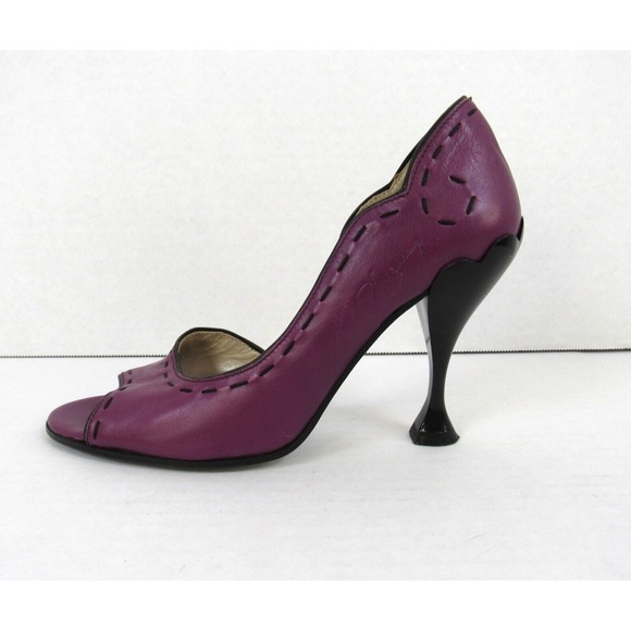John Fluevog Shoes - John Fluevog Hepburn Purple Leather Black Stitching Pumps Heels Open Toe